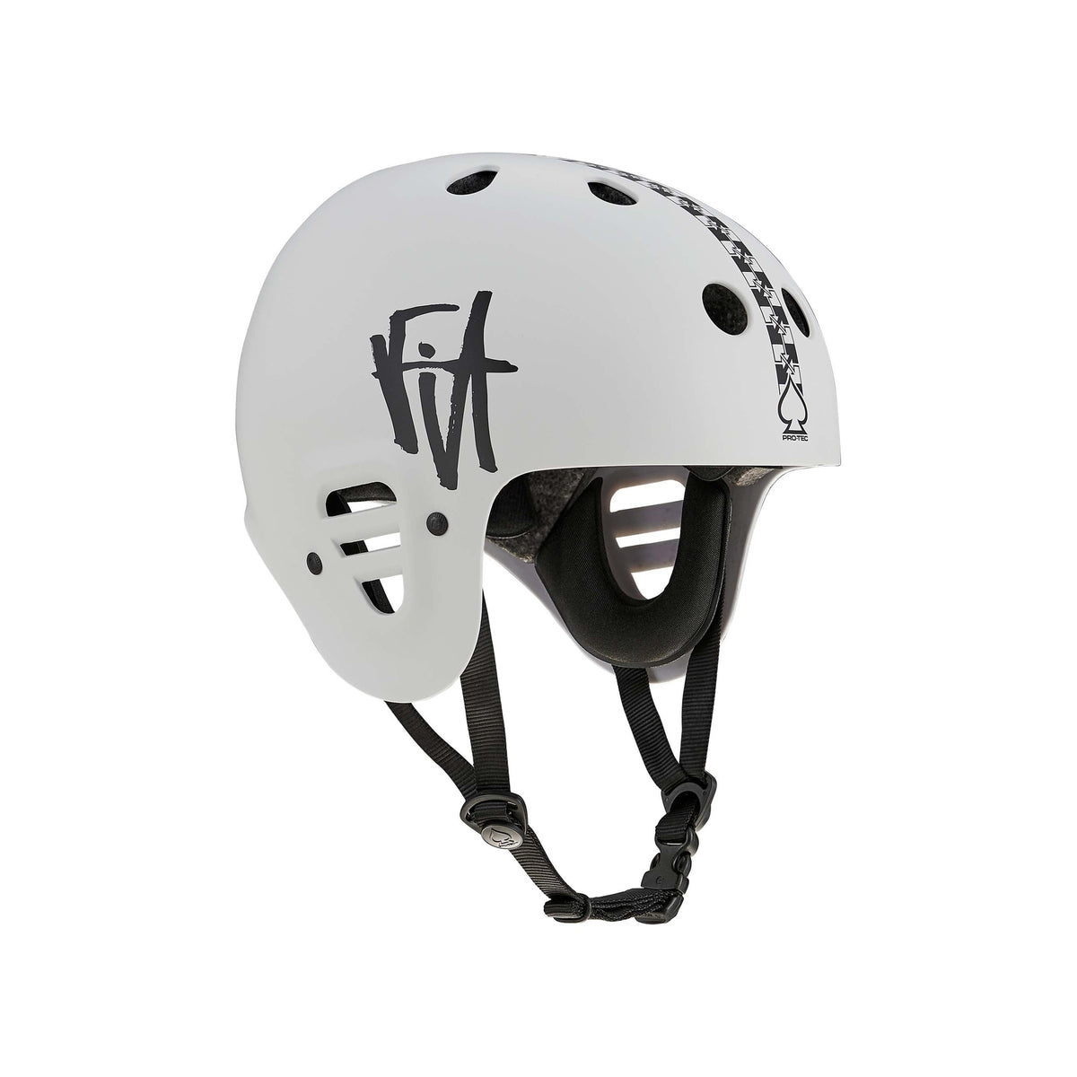 The Protec Full Cut Certified Helmet / Fit Bike Signature features bold "Fit" lettering, a checkered stripe, strategic ventilation holes, an adjustable chin strap, and a cushioned interior. Constructed from high-impact ABS for long-lasting durability, this action sports helmet delivers dependable protection while maintaining standout style.