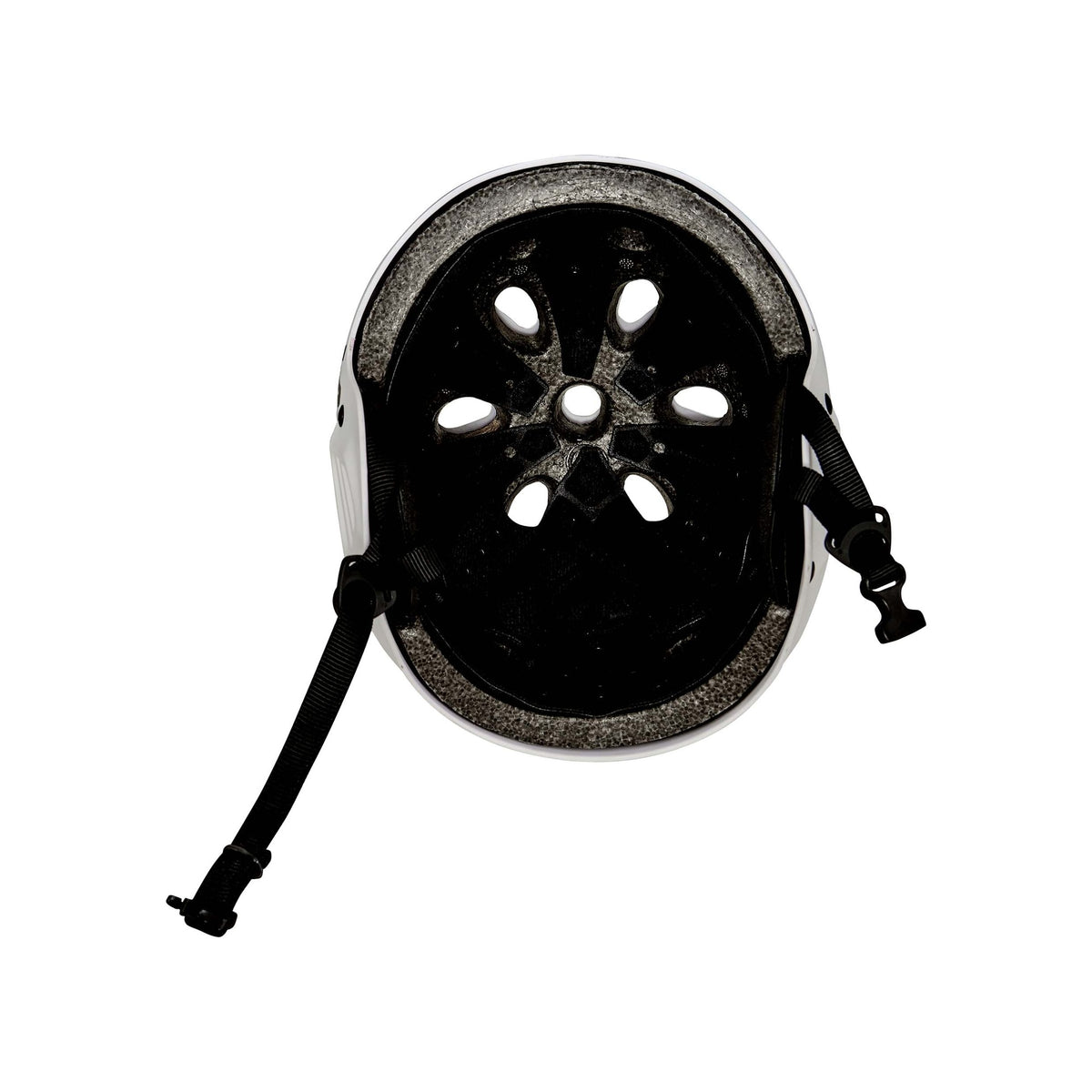 A Protec Full Cut Certified Helmet / Fit Bike Signature in white is shown from the inside, highlighting its high-impact ABS construction, foam padding, ventilation holes, and adjustable black straps with a plastic buckle.