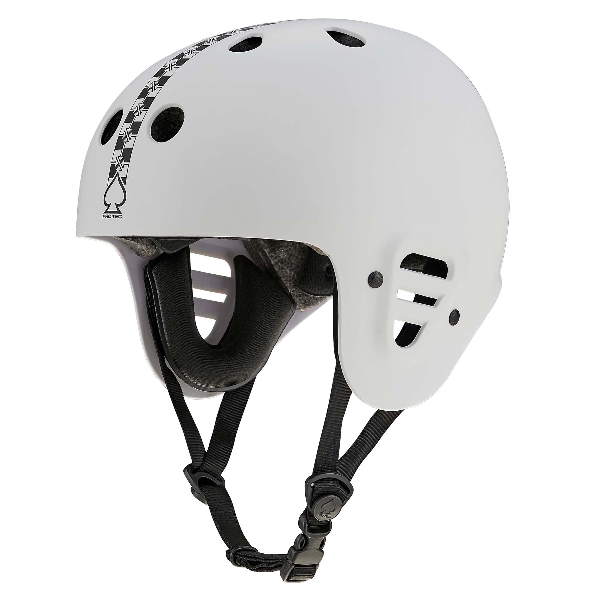 Protec Full Cut Helmet / Fit Bike Signature Light Grey action sports helmet featuring a high-impact ABS shell, black straps, ventilation holes, and a black spade logo with a checkerboard stripe on the side.