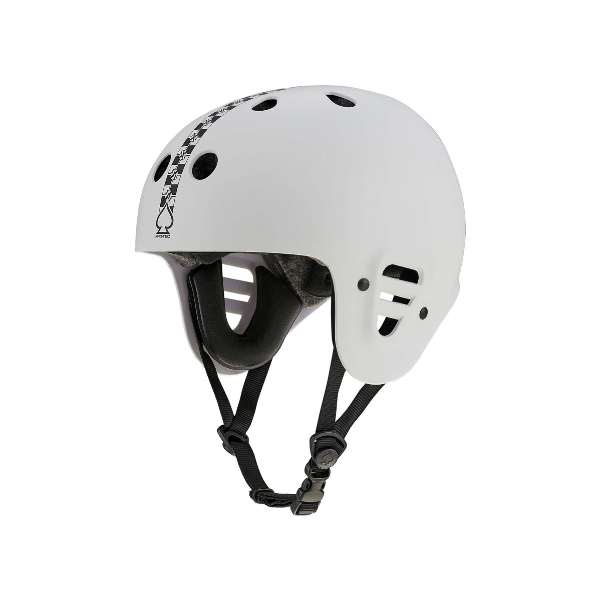 Protec Full Cut Certified Helmet / Fit Bike Signature featuring black adjustable chin straps, ventilation holes, a high-impact ABS shell, and a black spade logo with checkered detail on the side.
