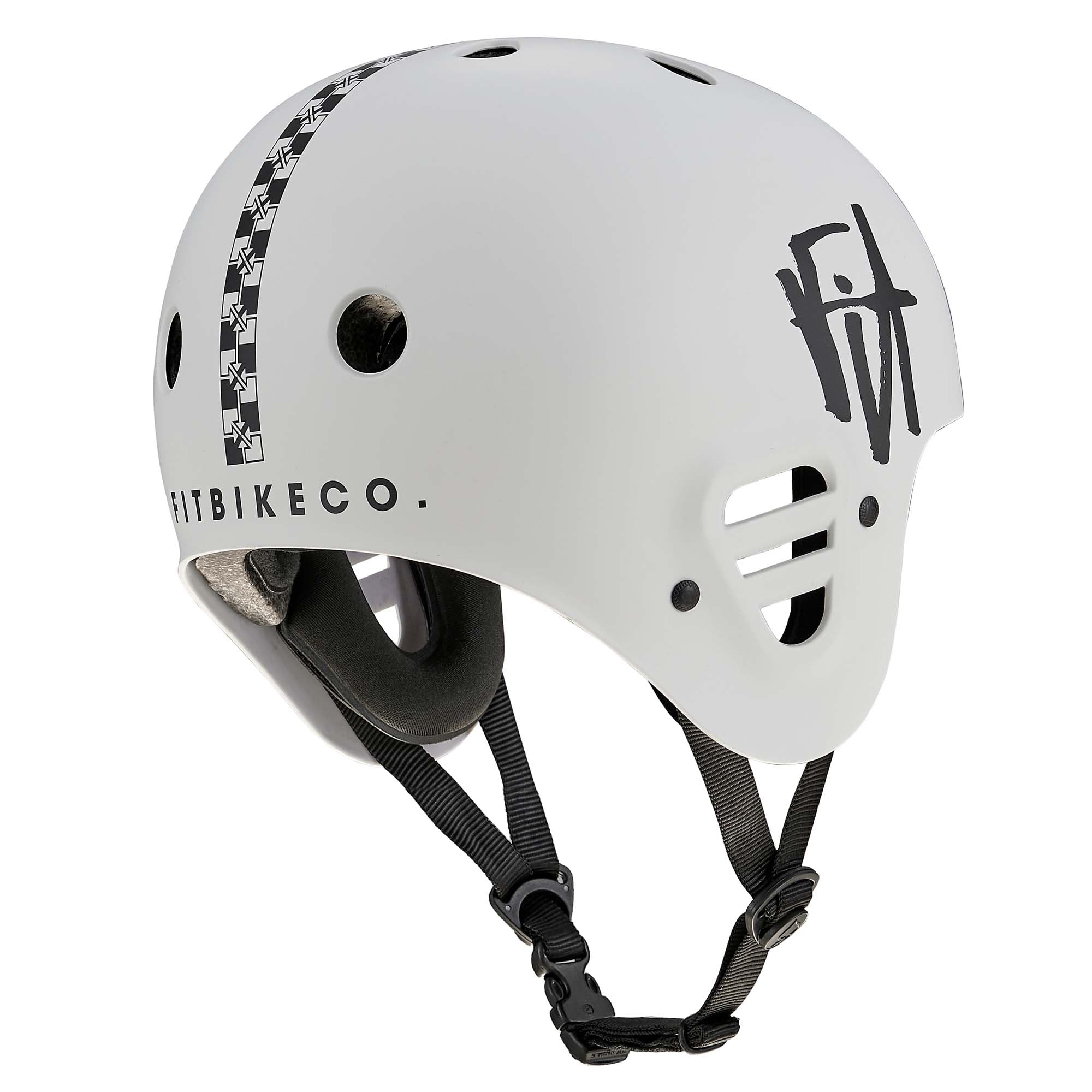 Protec Full Cut Helmet / Fit Bike Signature Light Grey showcases a light grey finish with a FitBikeCo. logo and ventilation holes. Made from high-impact ABS for superior protection, this action sports helmet features adjustable black chin straps to ensure a secure fit.