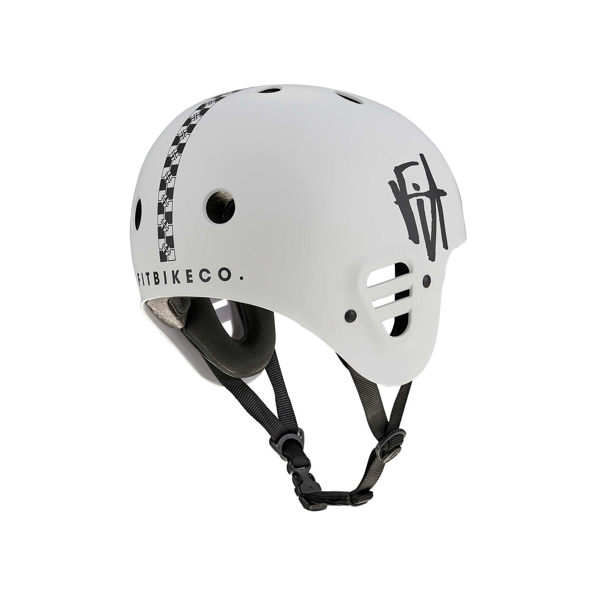 Protec Full Cut Certified Helmet / Fit Bike Signature—this white action sports helmet features striking black graphics, high-impact ABS construction, multiple ventilation holes, and adjustable black chin straps, shown against a white background.