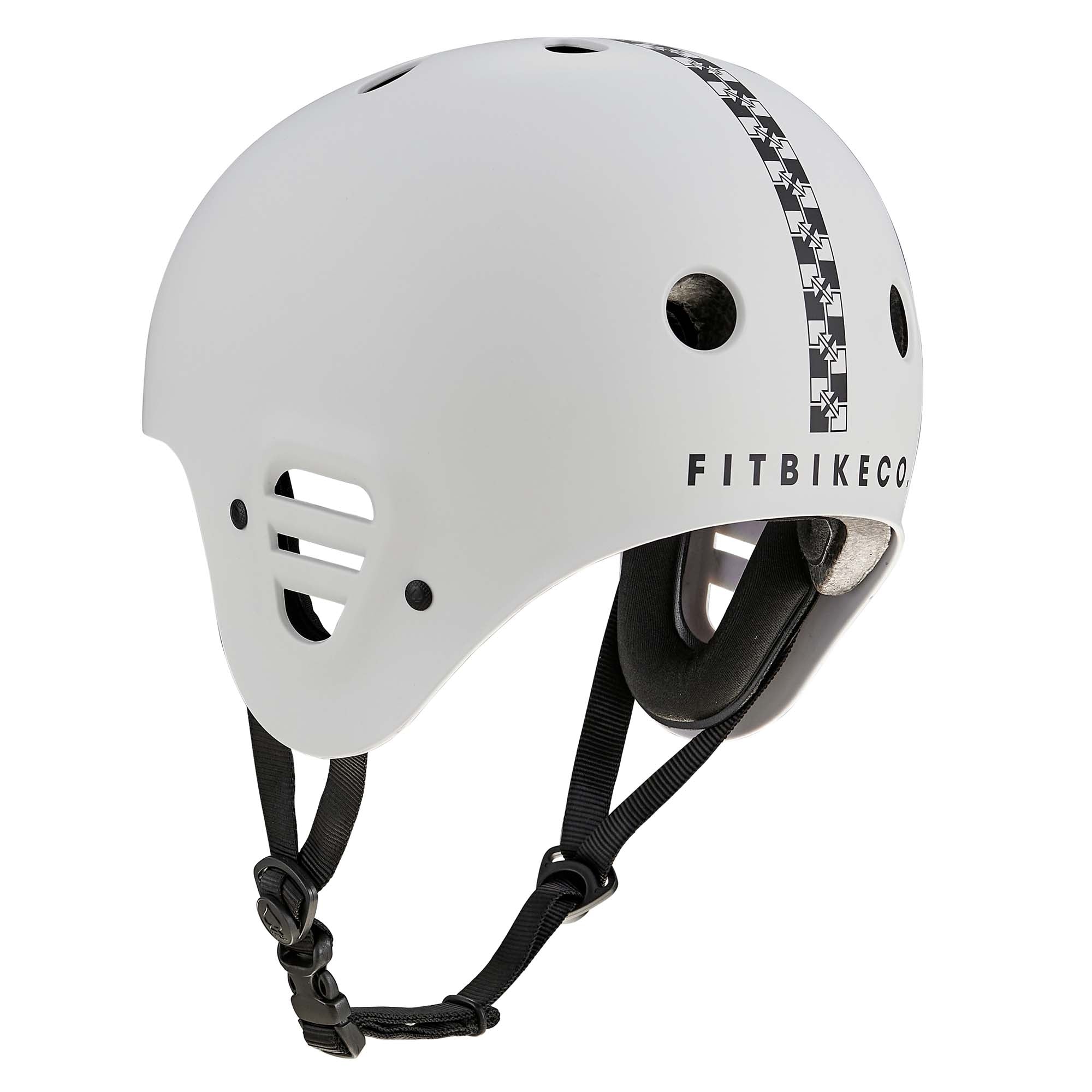 The Protec Full Cut Helmet / Fit Bike Signature Light Grey features a white design with black adjustable straps, ventilation holes, and a checkerboard stripe with stars along the side. Constructed from high-impact ABS for superior durability, this action sports helmet has "FITBIKECO." printed on the shell.