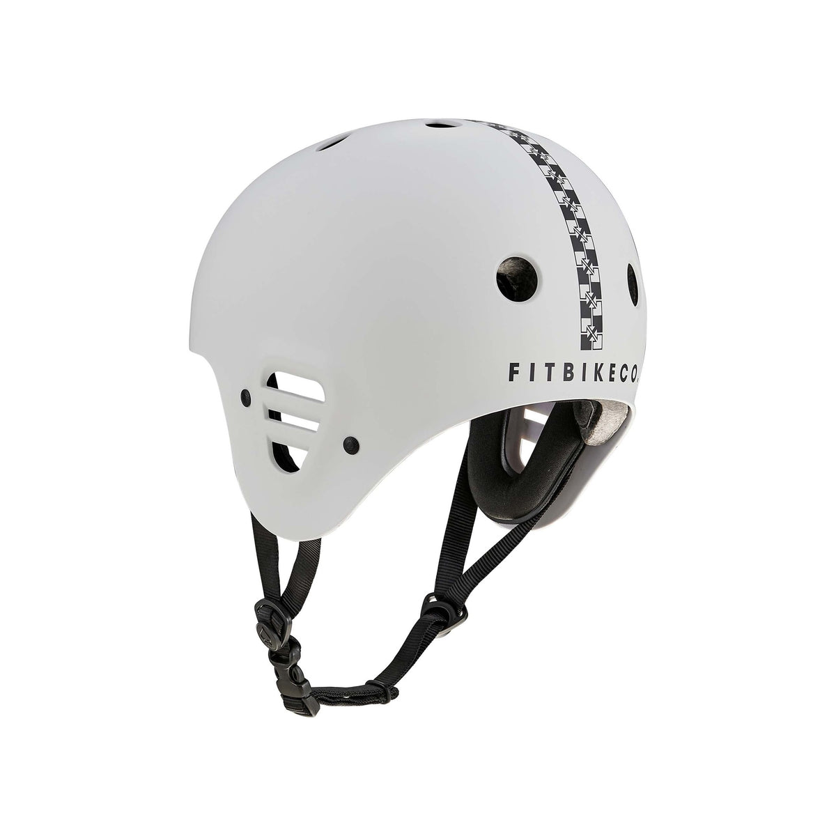 Protec Full Cut Certified Helmet / Fit Bike Signature: This white action sports helmet features ventilation holes, black chin straps, and a distinctive checkered stripe design on top. Constructed from high-impact ABS for superior durability, it showcases the "FITBIKECO" logo printed on the side.