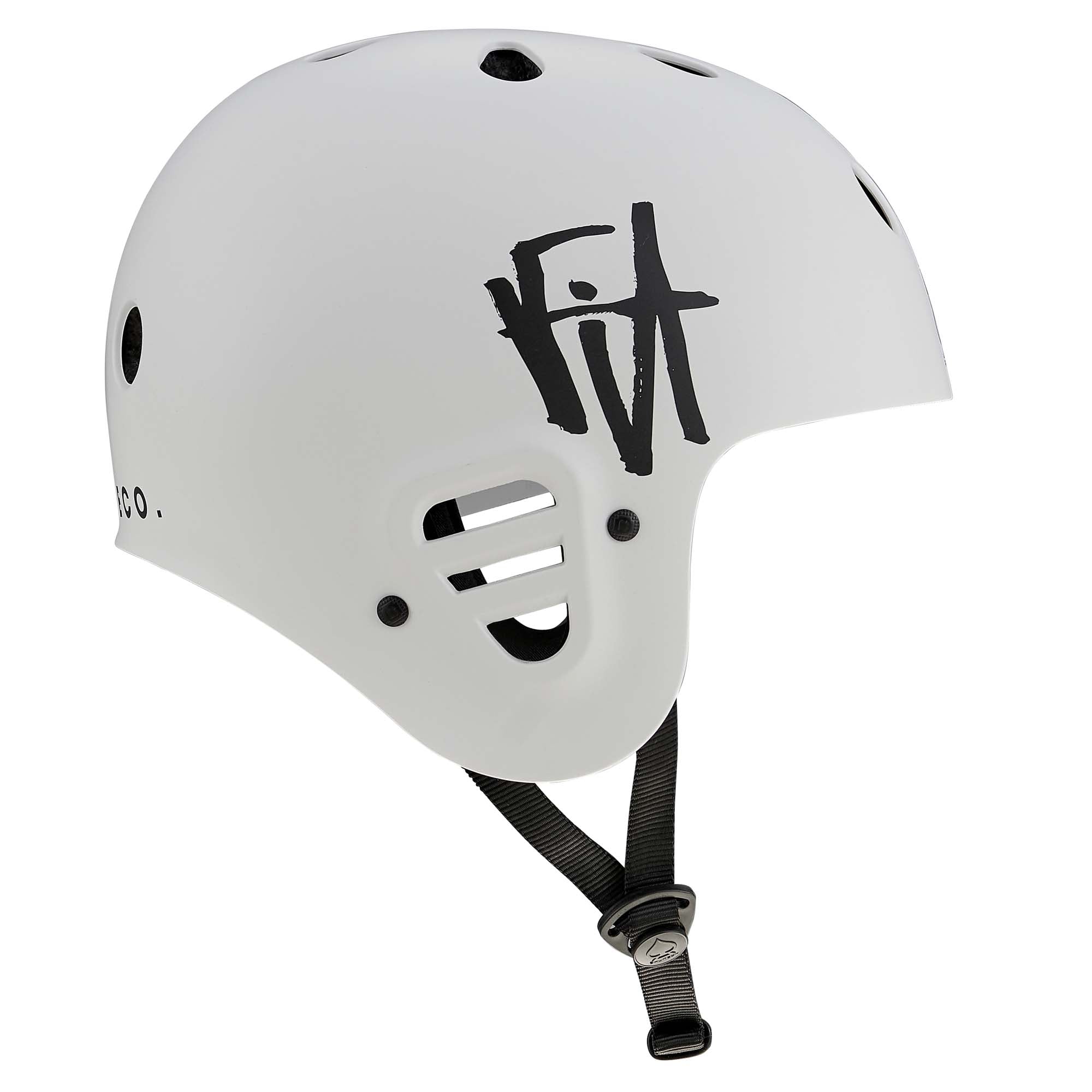 Light grey Protec Full Cut Helmet / Fit Bike Signature featuring a high-impact ABS shell for superior protection, ventilation holes, an adjustable black chin strap, and a distinctive black "Fit" logo.