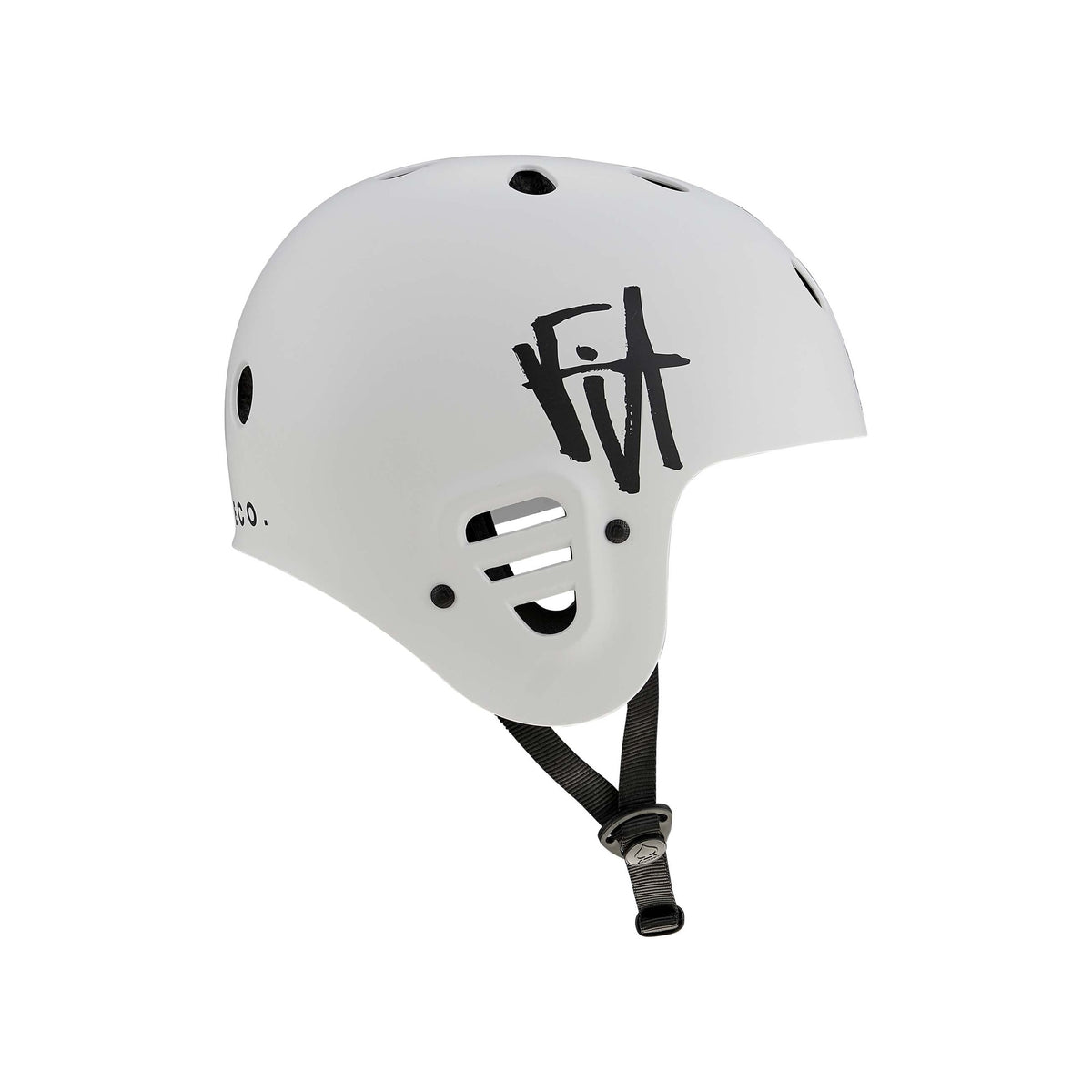 Protec Full Cut Certified Helmet / Fit Bike Signature: A white, high-impact ABS action sports helmet featuring a black "FIT" logo, black ventilation holes, and an adjustable black chin strap for reliable protection and classic style.
