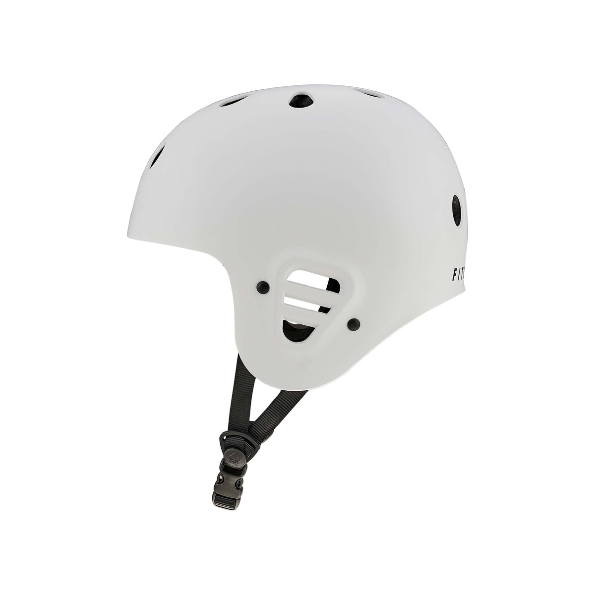 A Protec Full Cut Certified Helmet / Fit Bike Signature in white, designed with ventilation holes, a side strap, and a chin buckle, constructed from high-impact ABS for lasting durability—perfect as an action sports helmet and shown against a plain background.
