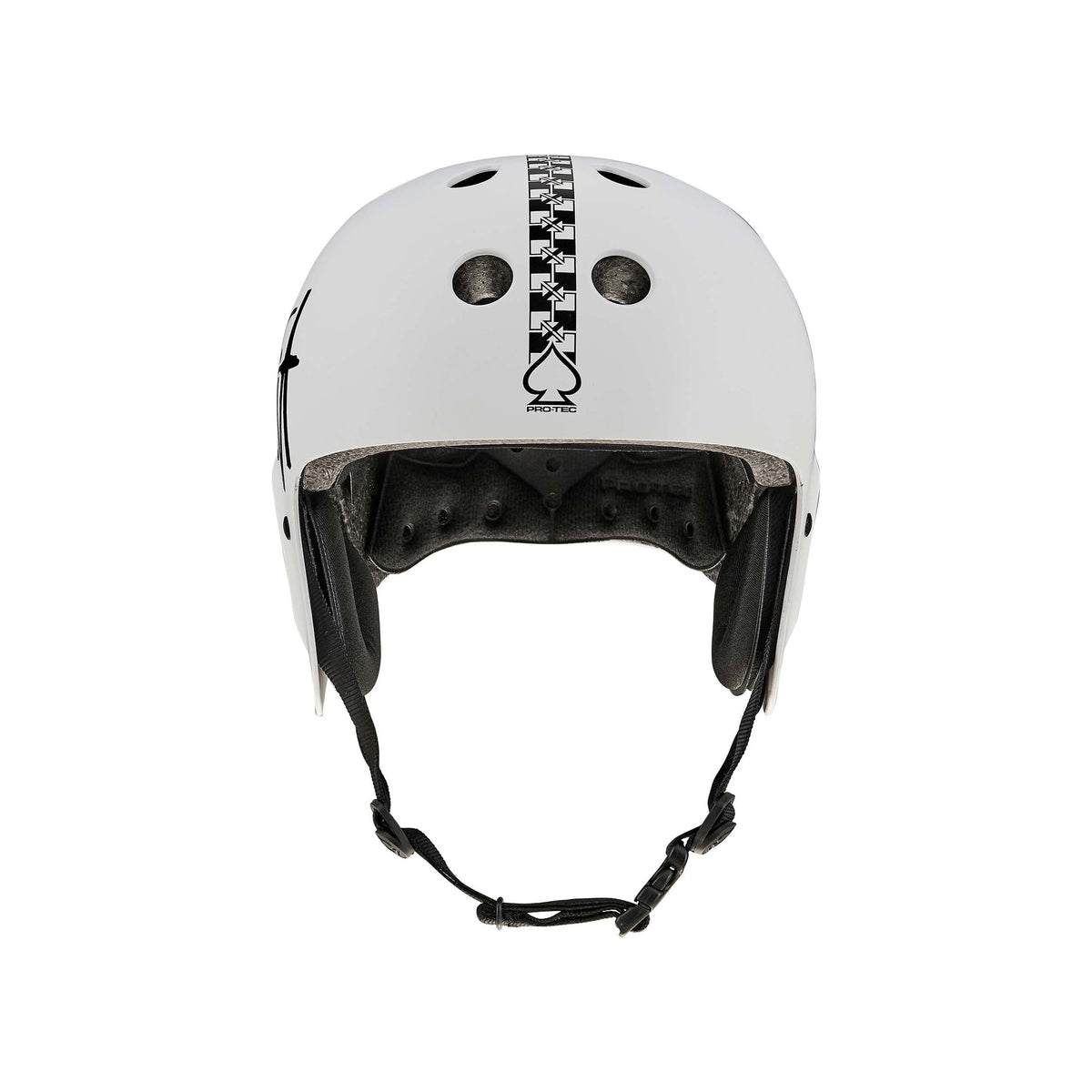 The Protec Full Cut Certified Helmet / Fit Bike Signature is a high-impact ABS action sports helmet featuring a white shell with a bold black spade and star graphic down the center, ventilation holes for breathability, full ear coverage, and an adjustable chin strap for a secure fit.