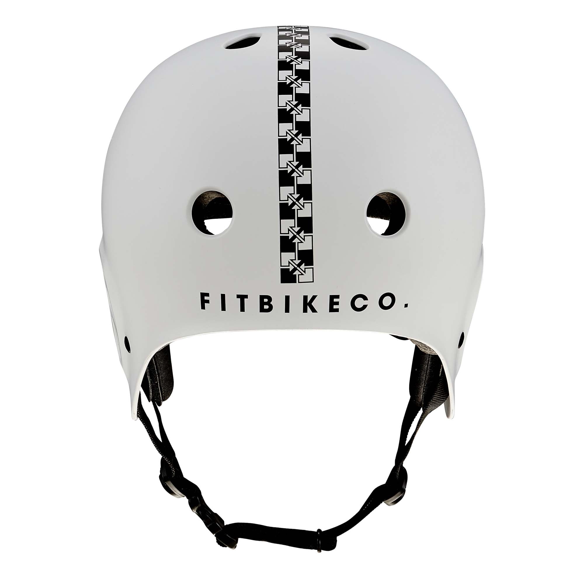 Protec Full Cut Helmet / Fit Bike Signature Light Grey: This light grey action sports helmet features a bold black FITBIKECO. logo, a striking black-and-white star pattern stripe down the center, multiple ventilation holes, and adjustable black straps. Crafted from high-impact ABS for enhanced durability, it offers reliable protection inspired by the classic Pro-Tec Full Cut design.
