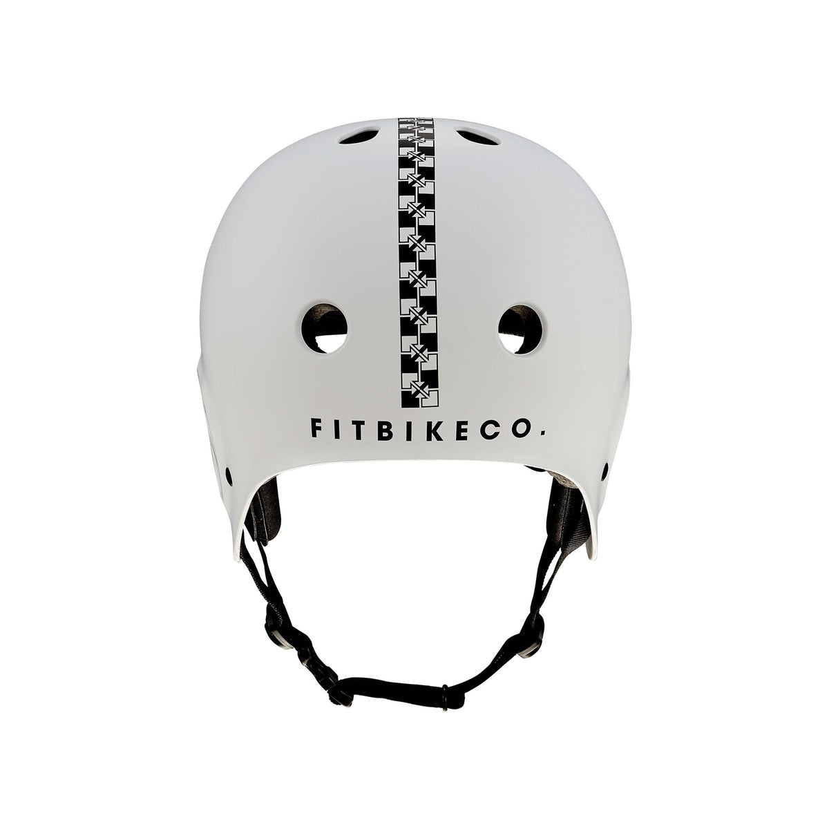 Protec Full Cut Certified Helmet / Fit Bike Signature—white action sports helmet with a high-impact ABS shell, featuring a black star pattern stripe down the center and "FITBIKECO." printed on the front, shown from the front view.