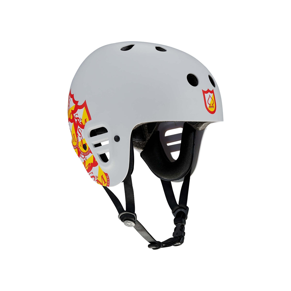 The Protec Full Cut Helmet / S&M Signature Light Grey features a light grey shell with red and yellow decals, black chin straps, and ventilation holes on the top and sides for high-impact protection.