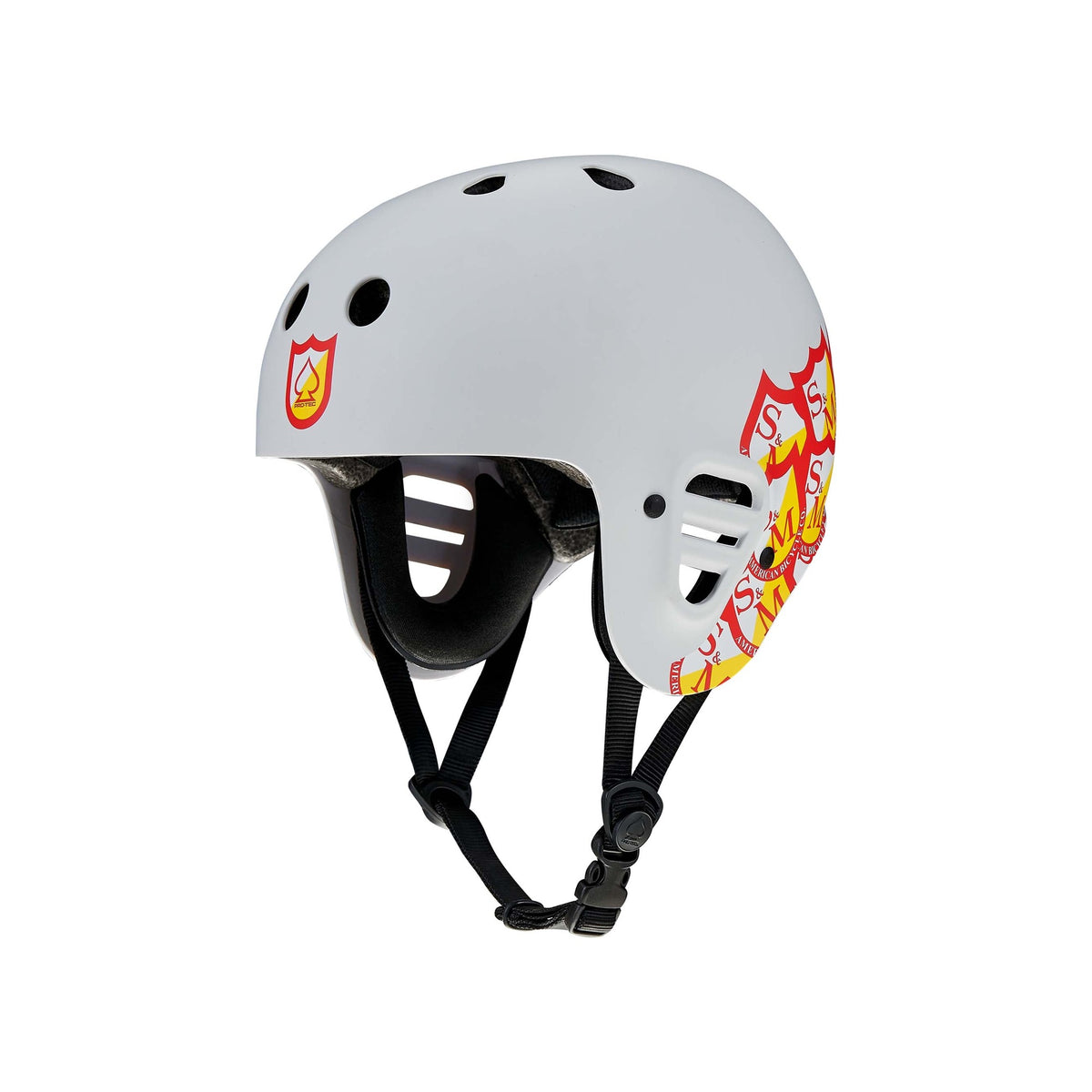 Protec Full Cut Helmet / S&M Signature Light Grey featuring black straps, ventilation holes, and signature S&M graphics on the side, offers high-impact protection for action sports enthusiasts.