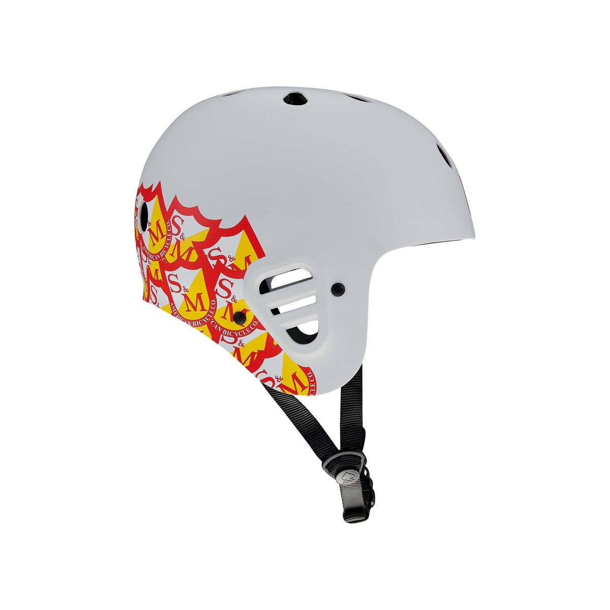 The Protec Full Cut Helmet / S&M Signature in Light Grey features a red and yellow shield pattern on the side, ventilation holes, and an adjustable black chin strap for high-impact protection.