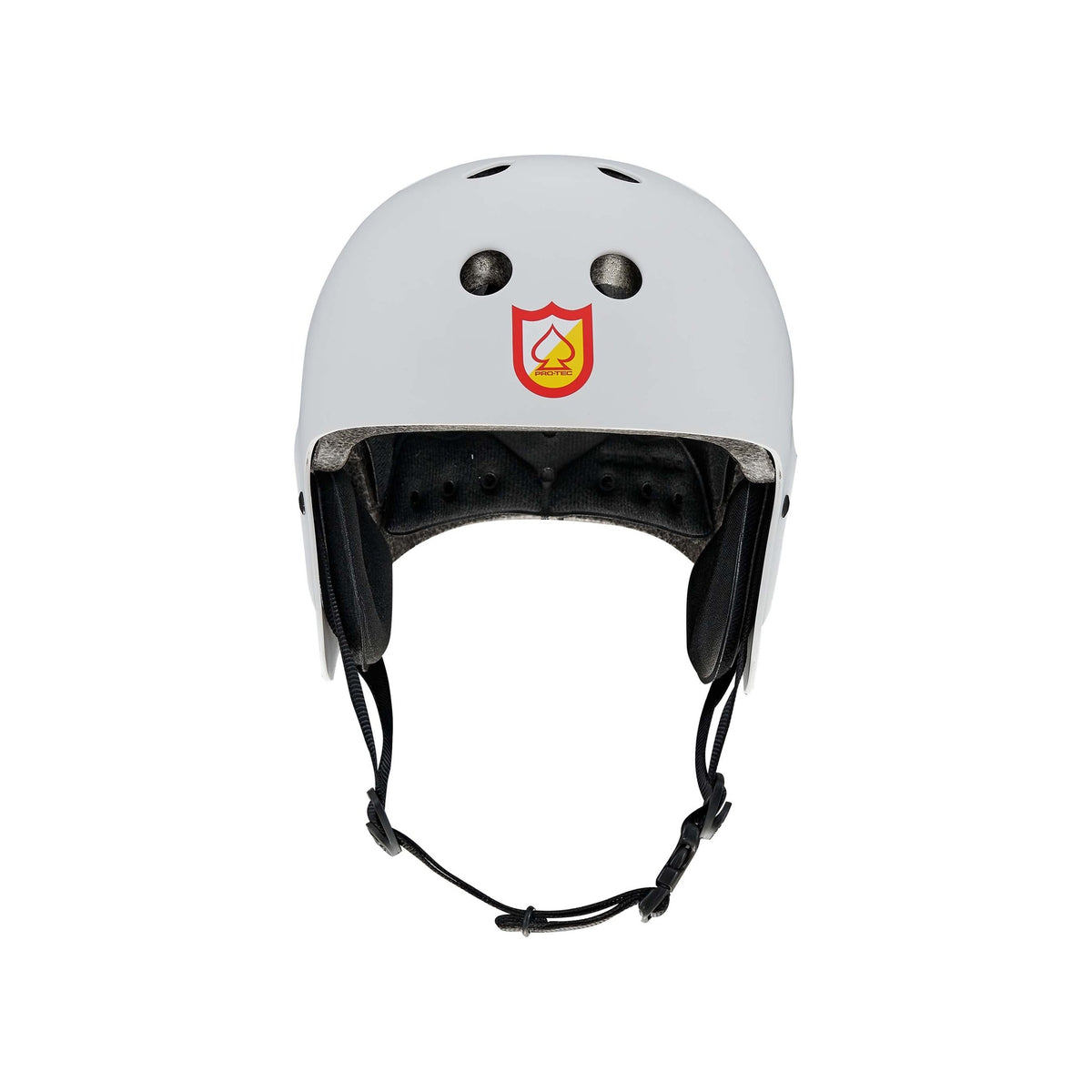S&M Signature Light Grey Protec Full Cut Helmet: crafted from high-impact ABS with ventilation holes, black interior padding, an adjustable chin strap, and a red-and-yellow shield logo with a spade symbol on the front—ideal for action sports.