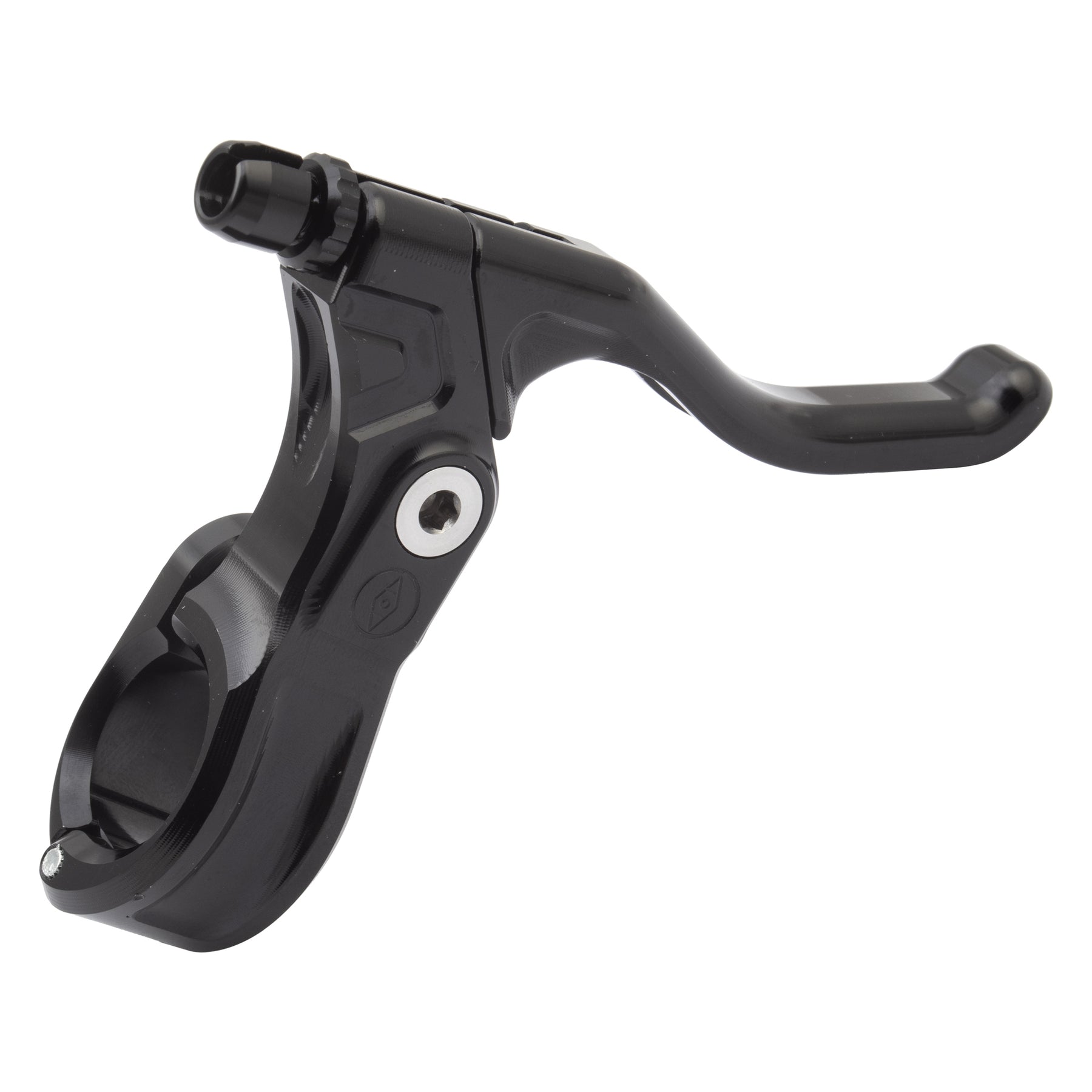 The Alienation Fulcrum Brake Lever, made from CNC 6061 T6 black metal with a mounting clamp and adjustable threaded barrel, is shown against a white background.