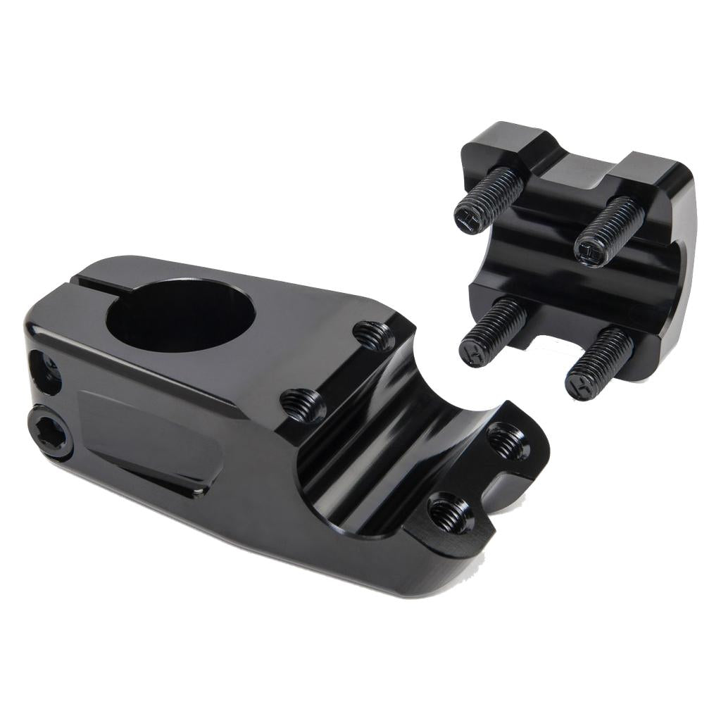 The Eclat Burns Stem is a black metal CNC-machined alloy bicycle stem with a four-bolt top load design, shown in two pieces to display the front clamp and main body.
