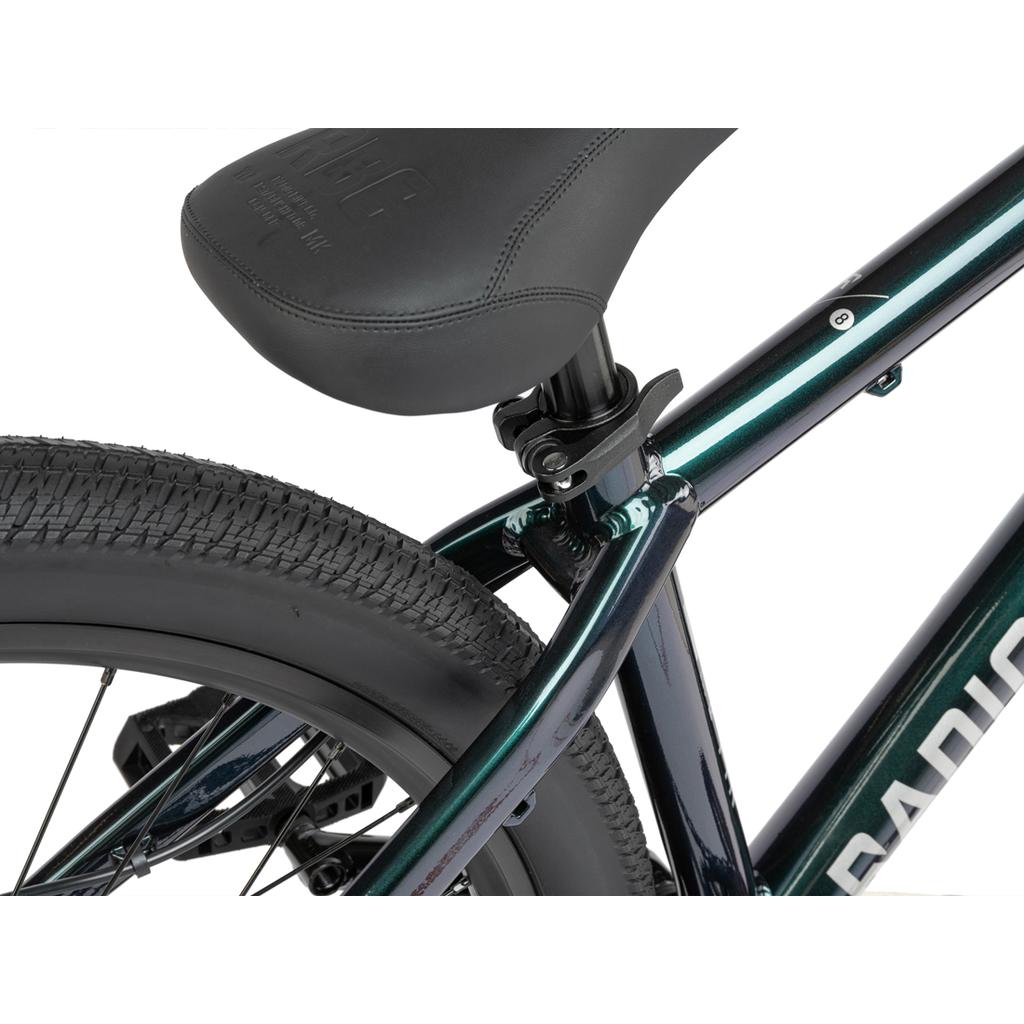 Close-up of the Radio Griffin 26 Inch Bike’s rear frame, highlighting the seat, seat post clamp, Maxxis DTH tires, and a partial "RADIO" logo on the frame.