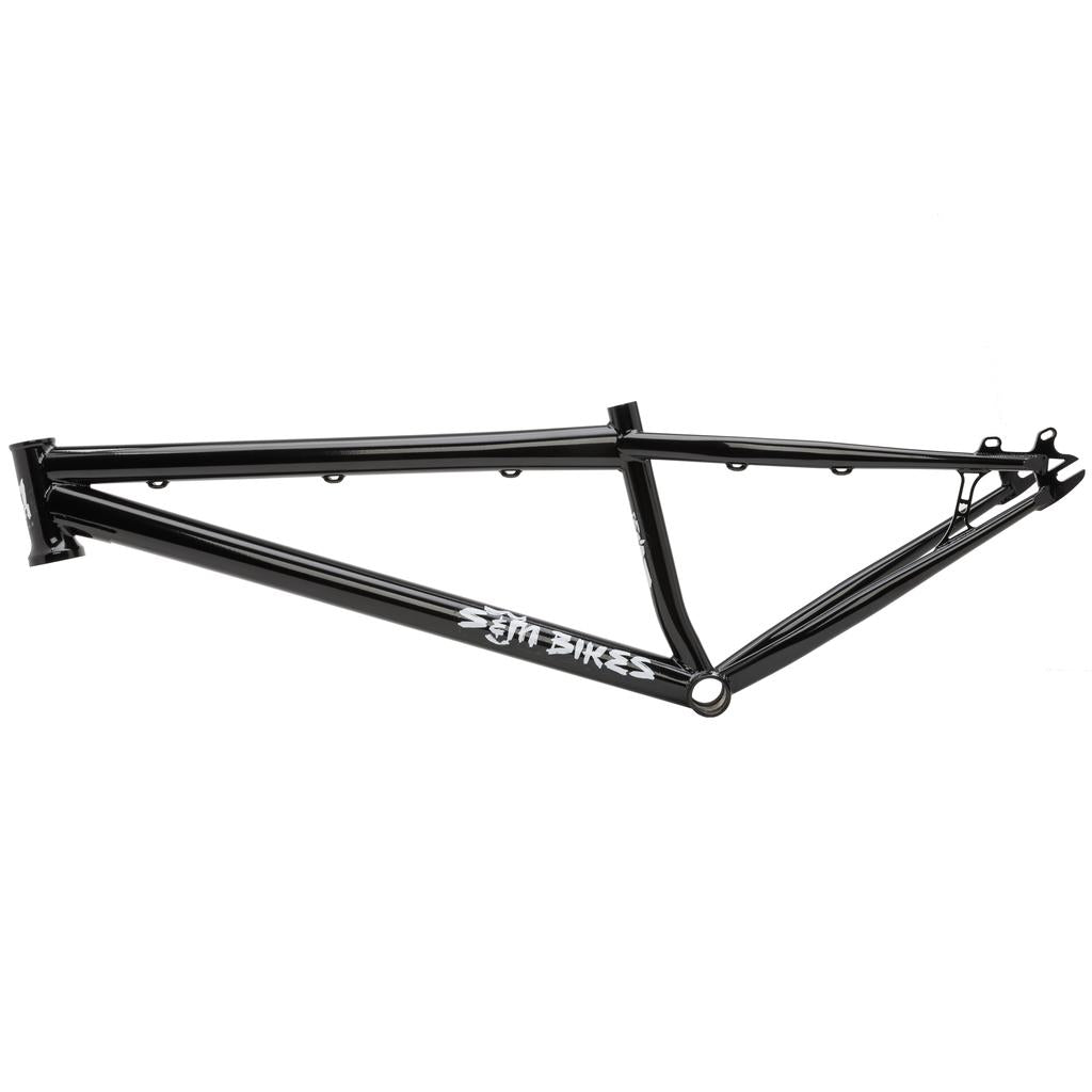 The S&M Big Jumper 26 Inch Dirt Jumper Frame is a black metal bicycle frame with the "S&M BIKES" logo on the lower tube, designed for suspension fork and disc brake, photographed against a white background.