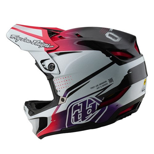 Discover the TLD 25.1 D4 Carbon Helmet (MIPS) / Drip White, featuring a vibrant design with glossy black, red, and white graphics. This downhill BMX helmet makes a bold statement on every ride.