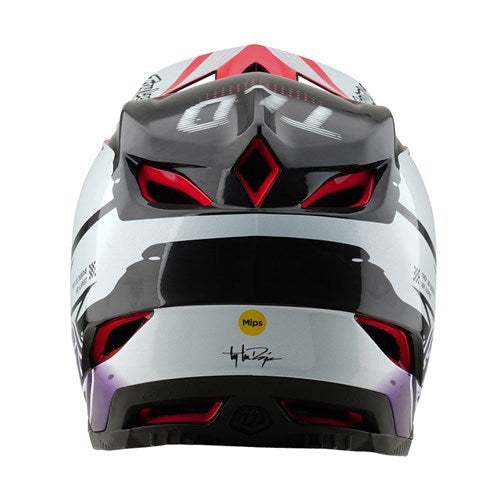 The back view of a sleek, full-face TLD 25.1 D4 Carbon Helmet (MIPS) features red and black geometric patterns, a large "17" on top, and the MIPS safety label. Perfect for BMX enthusiasts seeking style and safety.