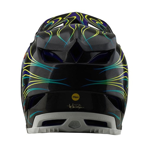 The TLD 25.1 D4 Carbon Helmet (MIPS) in Torched Black/Purple features blue and yellow flame-like designs and a rear view highlights its MIPS Protection system, making it perfect for downhill BMX enthusiasts.