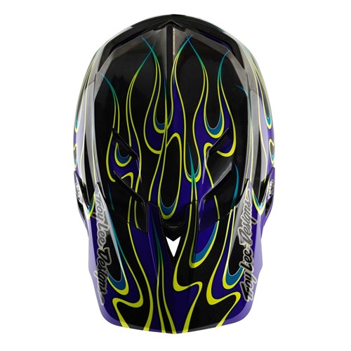 Front view of a stylish TLD 25.1 D4 Carbon Helmet (MIPS) in Torched Black/Purple, featuring a vibrant blue and neon yellow flame design and text on both sides, enhanced with Mips Protection for ultimate safety.