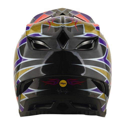 A rear view of the TLD 26.2 D4 Carbon Full Face Helmet / MIPS Flush Violet, featuring black, gold, purple, and red graphics, with visible vents and a Mips protection logo sticker.
