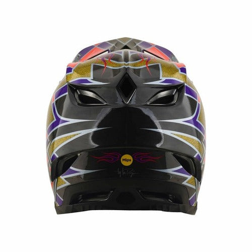 A rear view of the TLD 26.2 D4 Carbon Full Face Helmet / MIPS Flush Violet, featuring black, gold, purple, and red graphics, with visible vents and a Mips protection logo sticker.
