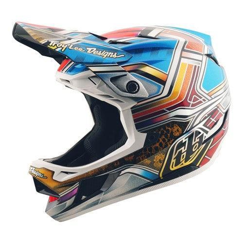 The TLD 25.2 D4 Carbon Helmet MIPS Lowrider Blue features striking geometric graphics, “Troy Lee Designs” branding on the visor and side, and advanced Mips protection—ideal for mountain biking.