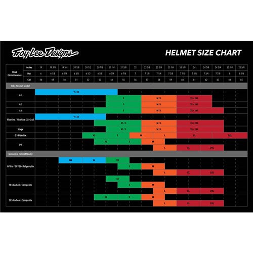 TLD 26.1 D4 AS Composite Helmet / Crest Real Teal size chart lists head circumference ranges (cm) for BMX and downhill models, features Mips protection, and includes sizes from XS to XXL.