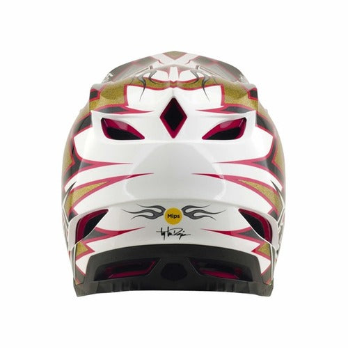 Rear view of the TLD 26.2 D4 Composite Helmet / MIPS Flush Black, a white mountain bike full-face helmet featuring red, pink, and gold patterns, ventilation holes, a “Mips” sticker indicating added Mips protection, and a signature near the bottom.