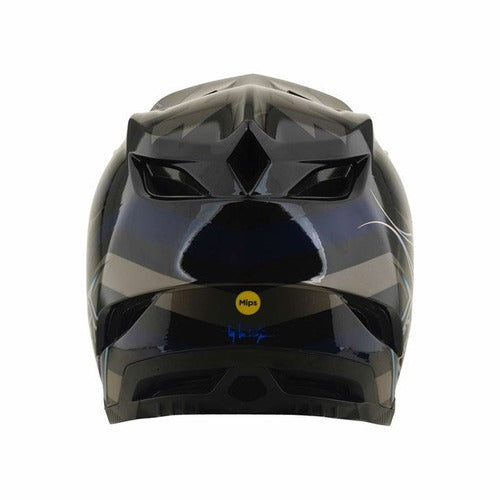 TLD 26.2 D4 Composite Helmet / MIPS Burst Grey featuring a black full-face design with angular vents, a reflective surface, and a yellow “Mips” safety sticker on the back for advanced Mips protection.