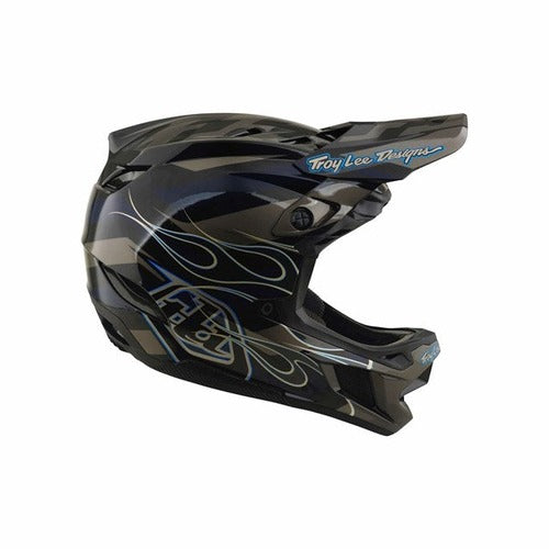 The TLD 26.2 D4 Composite Helmet / MIPS Burst Grey is a black and gray full-face helmet featuring striking blue flame graphics, a “Troy Lee Designs” logo on the visor, and advanced Mips protection for enhanced safety.