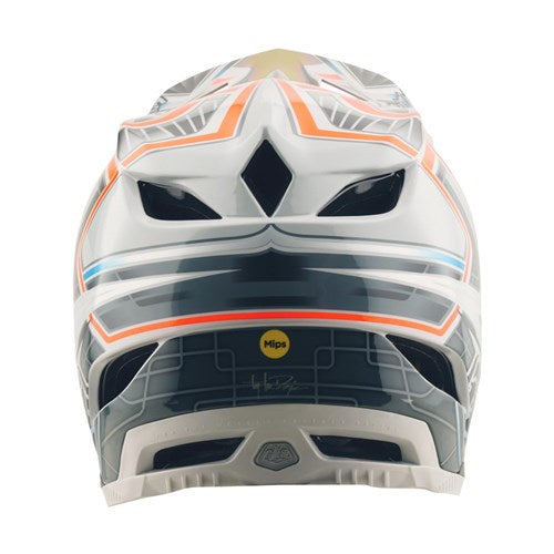 A rear view of the TLD 25.2 D4 COMPOSITE HELMET MIPS LOWRIDER GREY, a white and gray full-face helmet with orange and blue geometric accents and a visible yellow "Mips" logo—ideal for BMX or downhill riding.