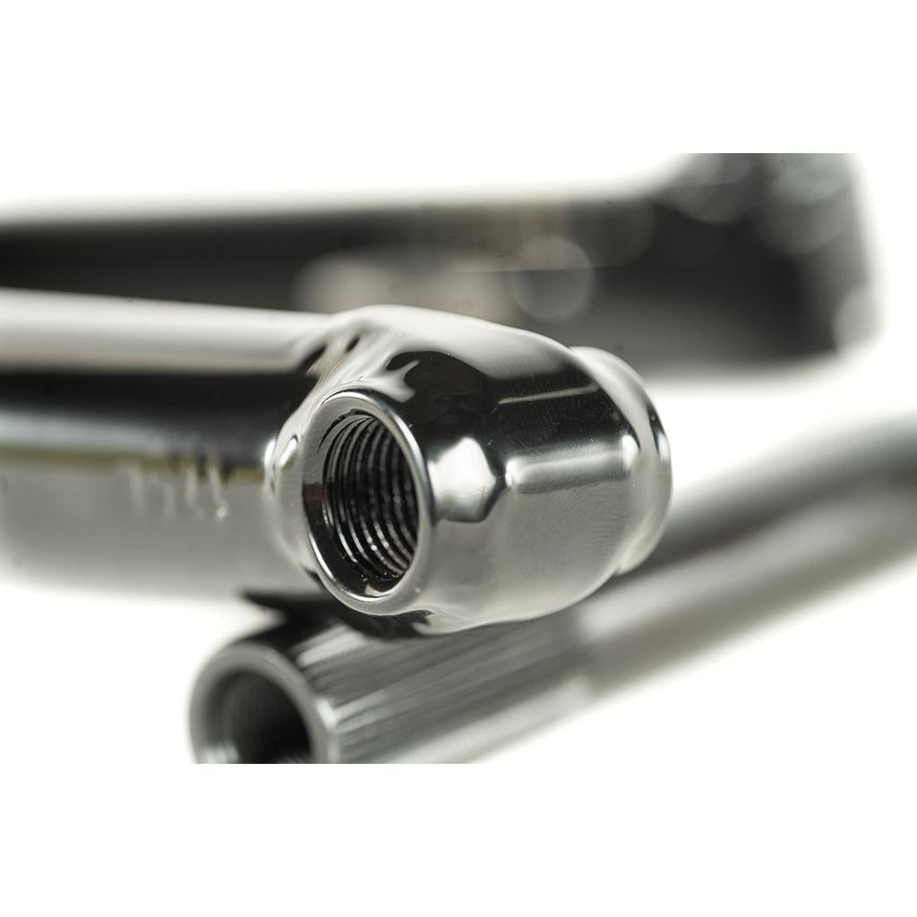 Close-up of Cult Crew Cranks showcasing sturdy chromoly arms, a threaded pedal hole, and a 19mm splined spindle interface—all with a smooth, reflective finish.