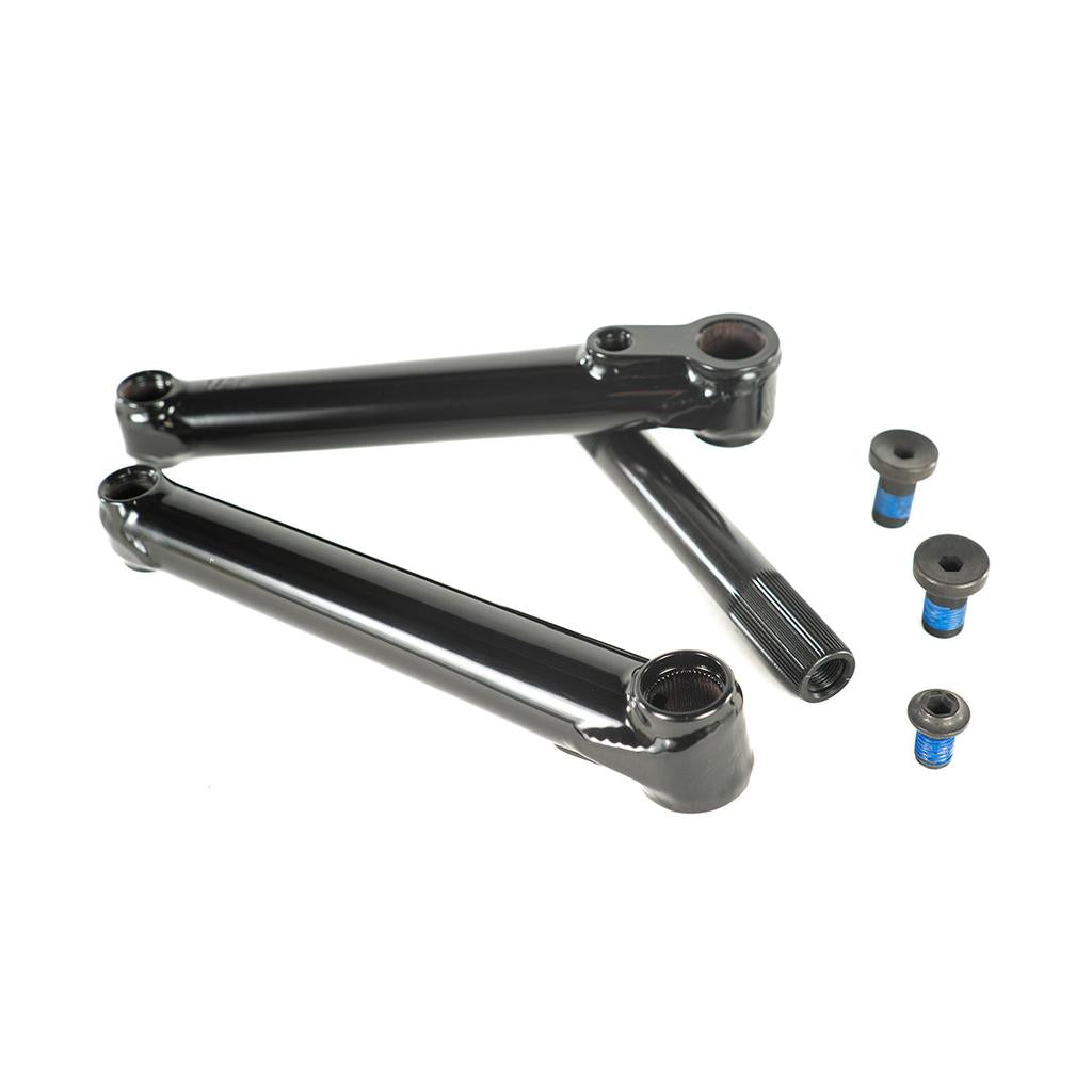 The Cult Crew Cranks set includes two black chromoly arms and four bolts with blue threadlocker, shown on a white background. These cranks are designed to fit a 19mm spindle.