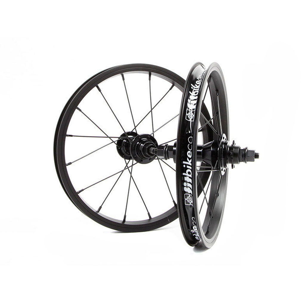 A Fit Bike Co OEM 14 Inch Wheel Set with a 9T Cassette Driver, fully sealed hubs, on a white background.