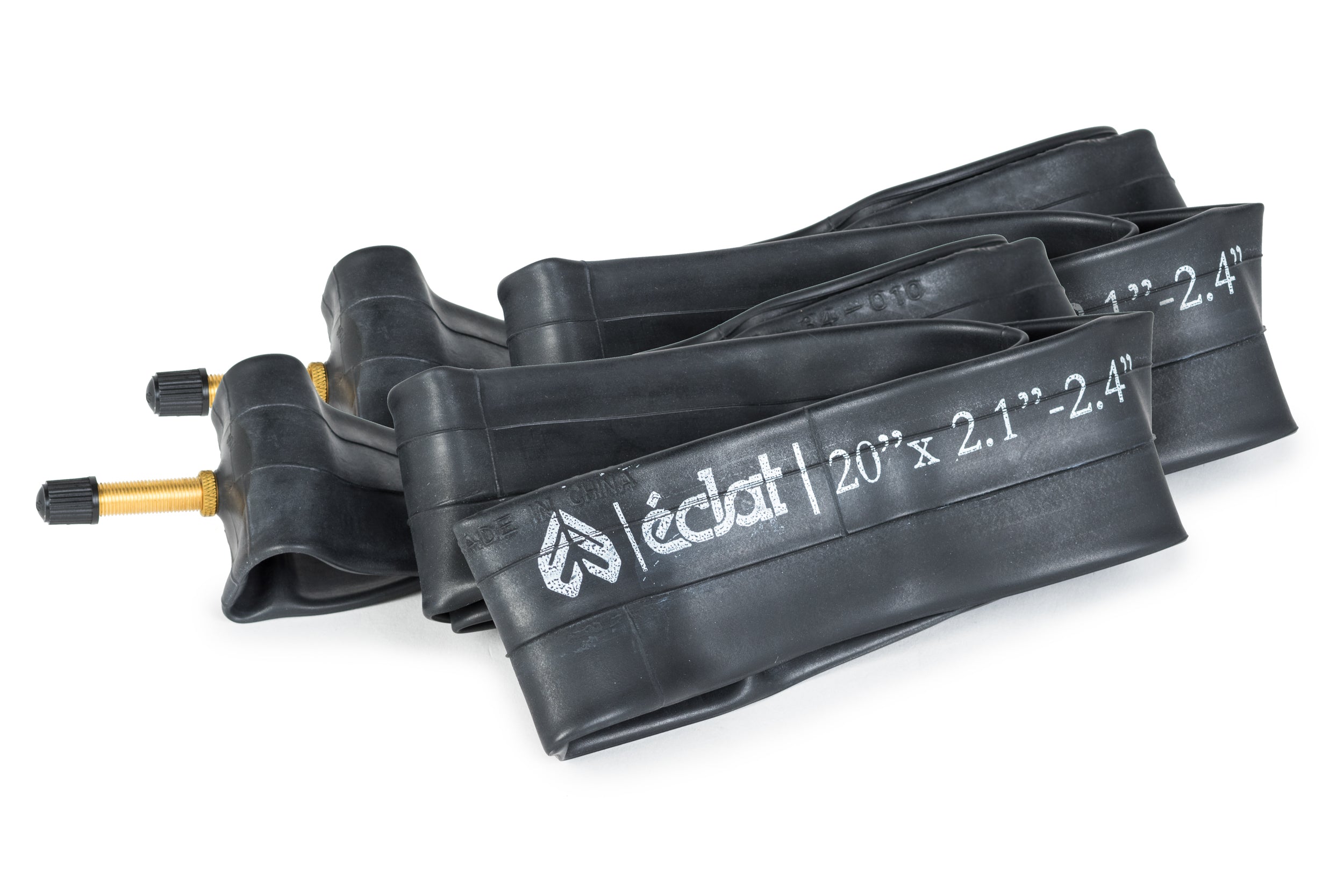 Two coiled black 20-inch Eclat AMP Inner Tubes (Pair) with Presta valves and white printed sizing/brand logos are shown on a white background, featuring a puncture-resistant design.