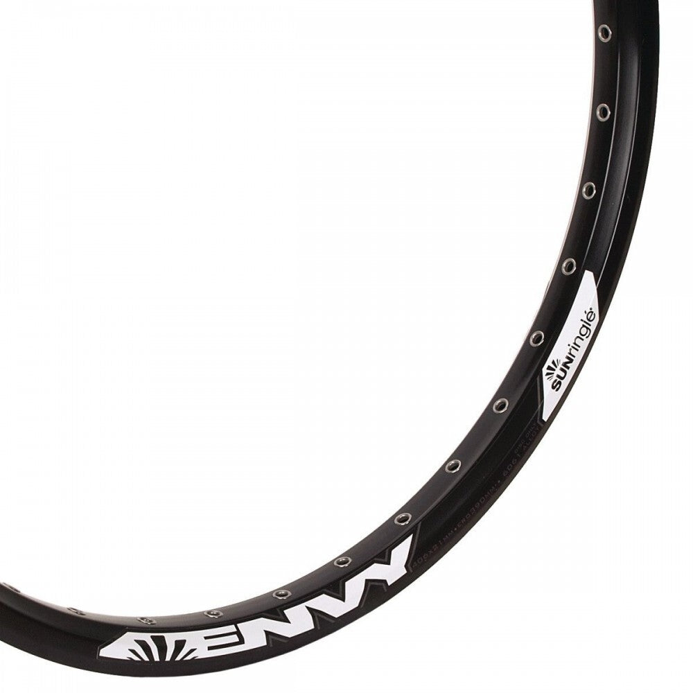 A black Sun Envy Rim 20 Inch with white lettering on it, perfect for BMX racing enthusiasts.
