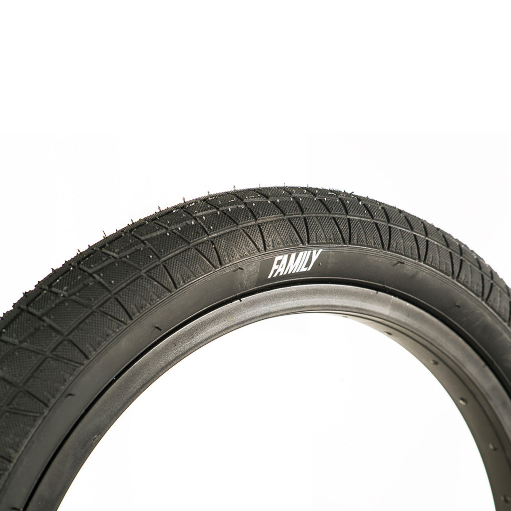 A black Family BMX F2128 16 Inch Tyre on a white background.