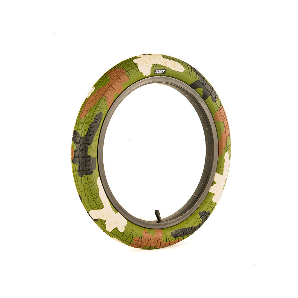 A Family BMX F2128 16 Inch Tyre with camouflage pattern on a white background.