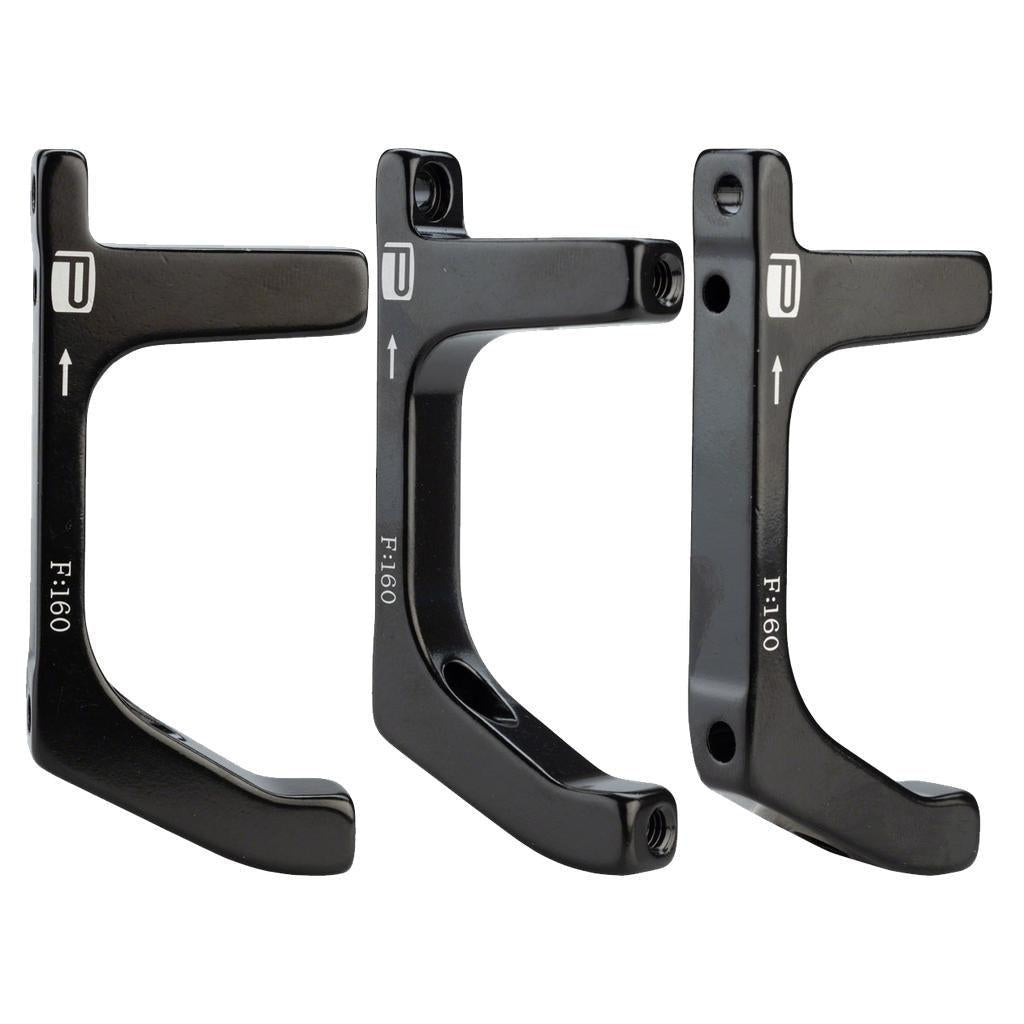 Three Promax Disc Brake Adaptor Flat Mount to Post Mount Rear units in black metal labeled "F:160" are shown from various angles on a white background, designed for converting flat mount frames or using 140mm disc rotors.
