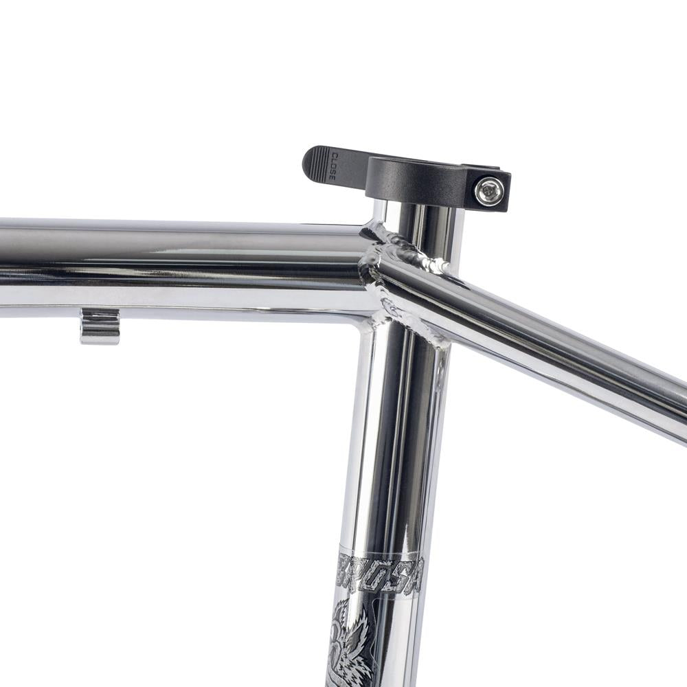 Close-up of the Subrosa Speedwolf V2 Race Frame's chrome Chromoly construction, showcasing the seat tube, top tube, and quick-release seatpost clamp—perfect for BMX racing fans.