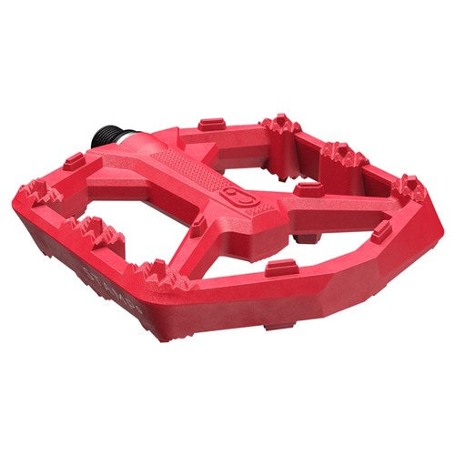 The Crank Brothers Stamp 0 Pedals (Large) are red composite bike pedals with a textured, concave platform and multiple traction pins for superior grip and comfort.