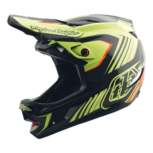 The TLD 25.2 D4 Poly Helmet MIPS Qualifer in black/yellow features bold angular stripes, the "Troy Lee Designs" logo on the visor, and advanced Mips protection for enhanced safety.