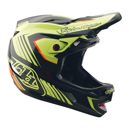 The TLD 25.2 D4 POLY HELMET MIPS QUALIFER in black/yellow features angular patterns, red accents, and Troy Lee Designs branding—perfect for mountain biking with advanced Mips protection.