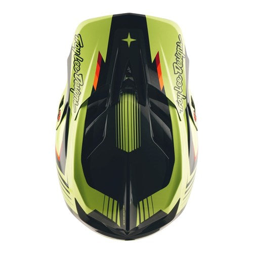 Top view of the TLD 25.2 D4 Poly Helmet MIPS Qualifer in black/yellow, featuring Troy Lee Designs branding, geometric patterns, and Mips safety protection.