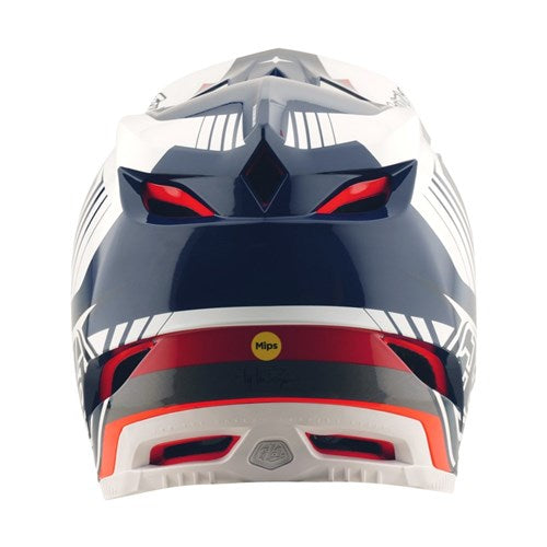 Rear view of the TLD 25.2 D4 Poly Helmet MIPS Qualifier in blue/white, featuring angular vents and a visible Mips protection sticker—perfect for mountain biking fans.