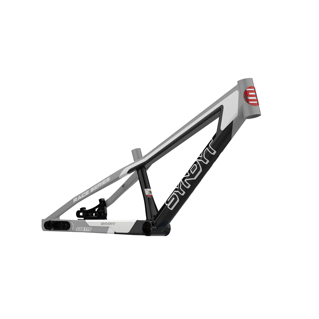 A black, white, and gray Syndyt 175 Mini Frame BMX racing frame made from lightweight alloy, displayed against a plain white background.