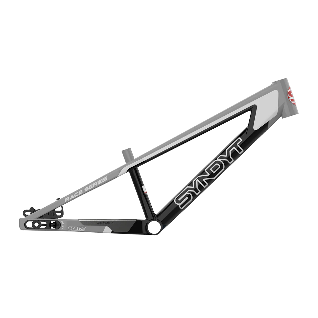 The Syndyt 175 Mini Frame is a black, white, and gray BMX racing frame made from 6061 alloy, featuring "SYNDYT" on the lower tube and crafted with advanced hydroforming technology.